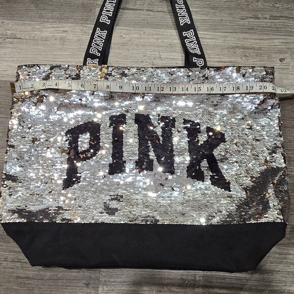 PINK Silver & Black Sequin Large Overnight Tote Carry All Beach Bag - Picture 7 of 10